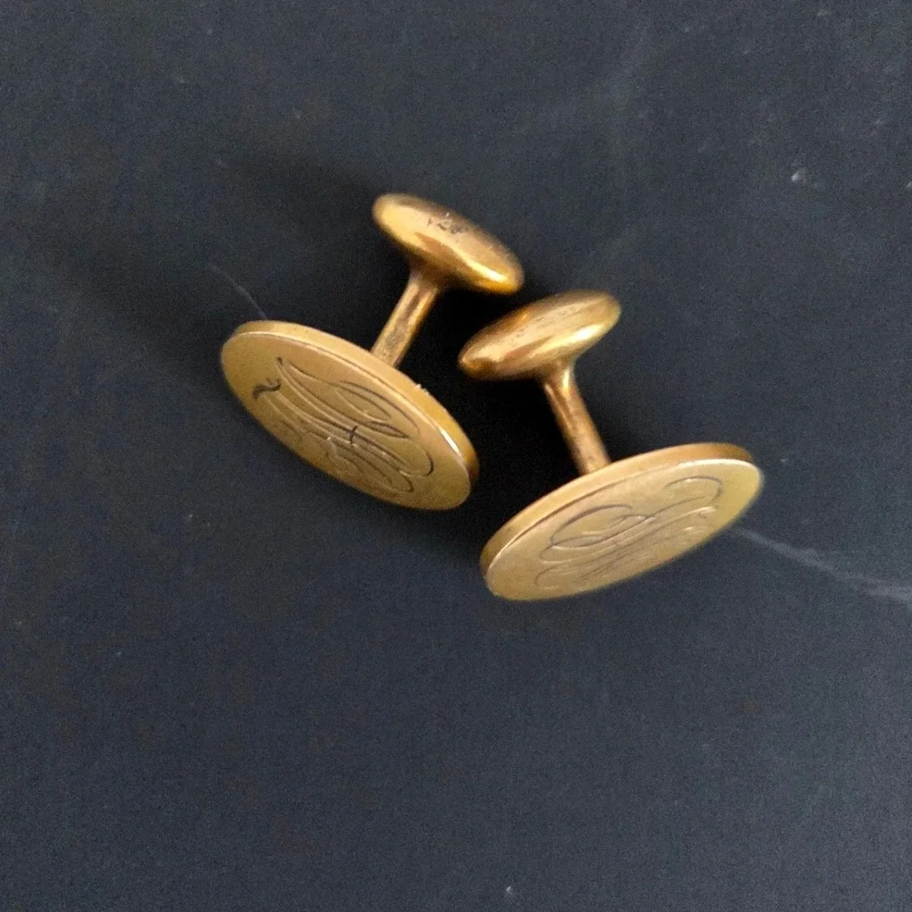 Vintage Krementz Gold Plated Engraved Monogram Oval Bean Back Cufflinks
